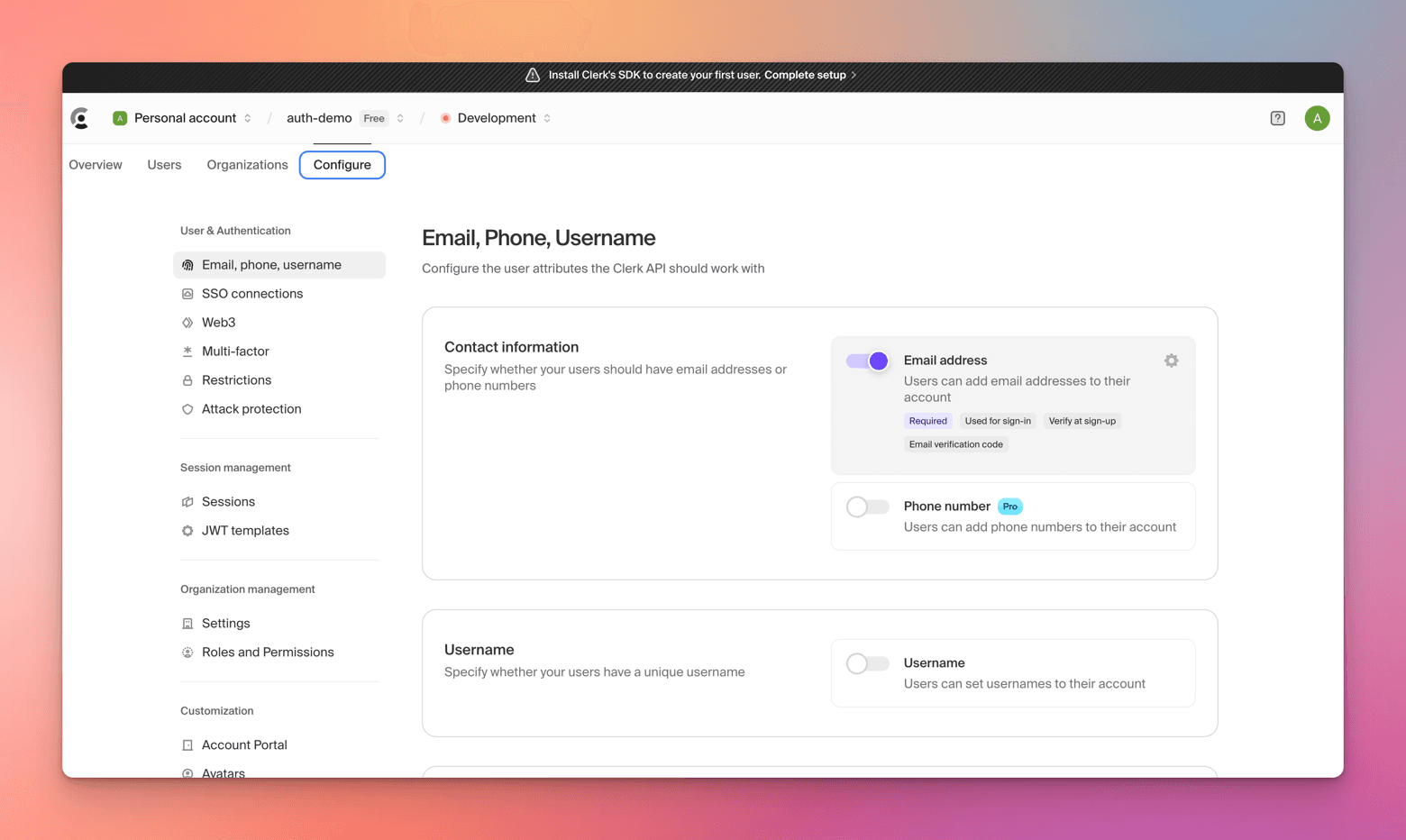 Clerk-Auth-Configure-Screen