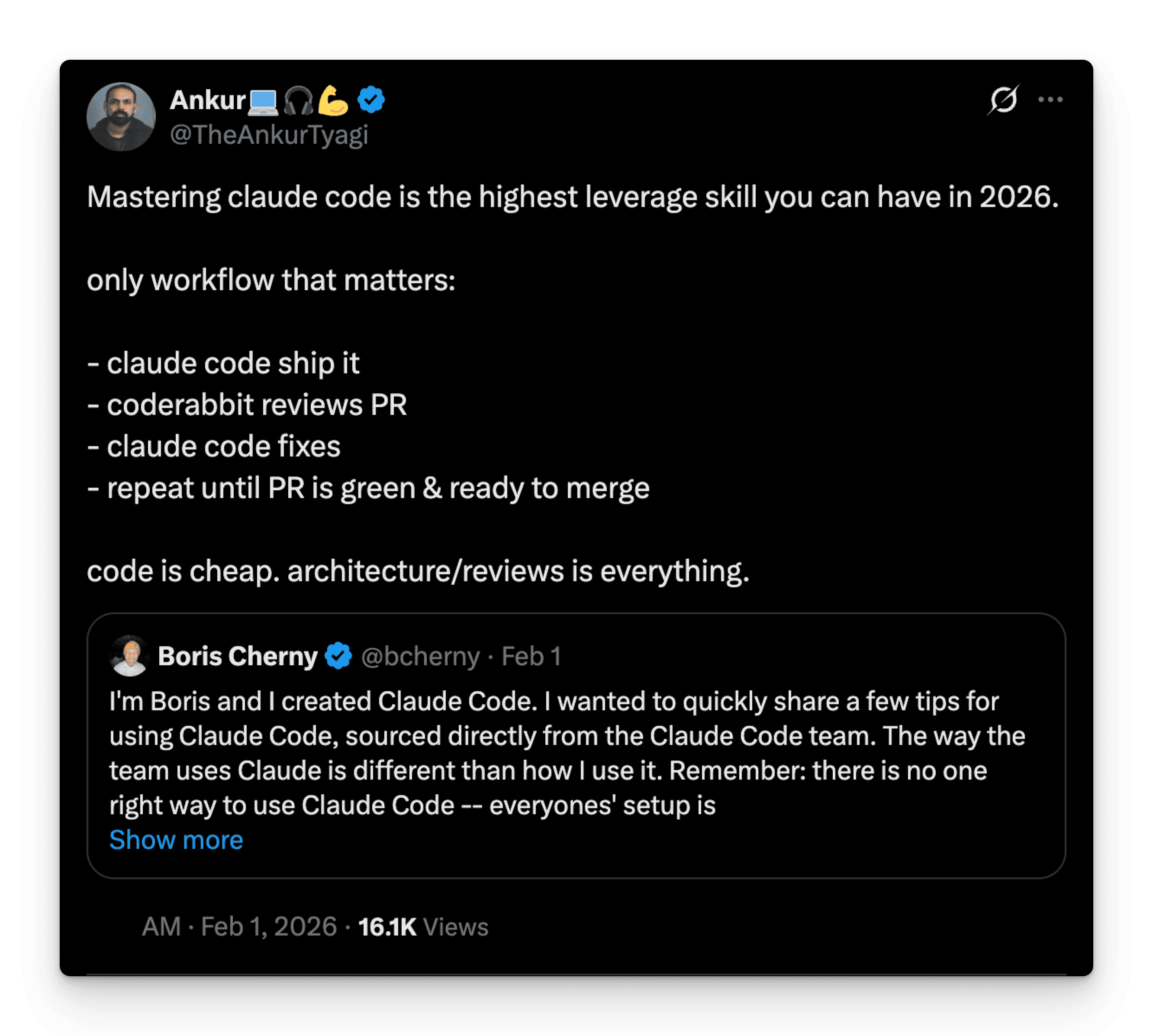 Ankur Tyagi's post on X calling Claude Code the highest leverage skill of 2026