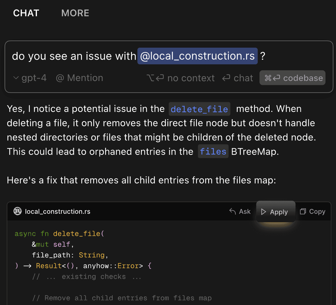 Cursor's Chat panel answering a question about @local_construction.rs and flagging that delete_file can leave orphaned entries in the files BTreeMap