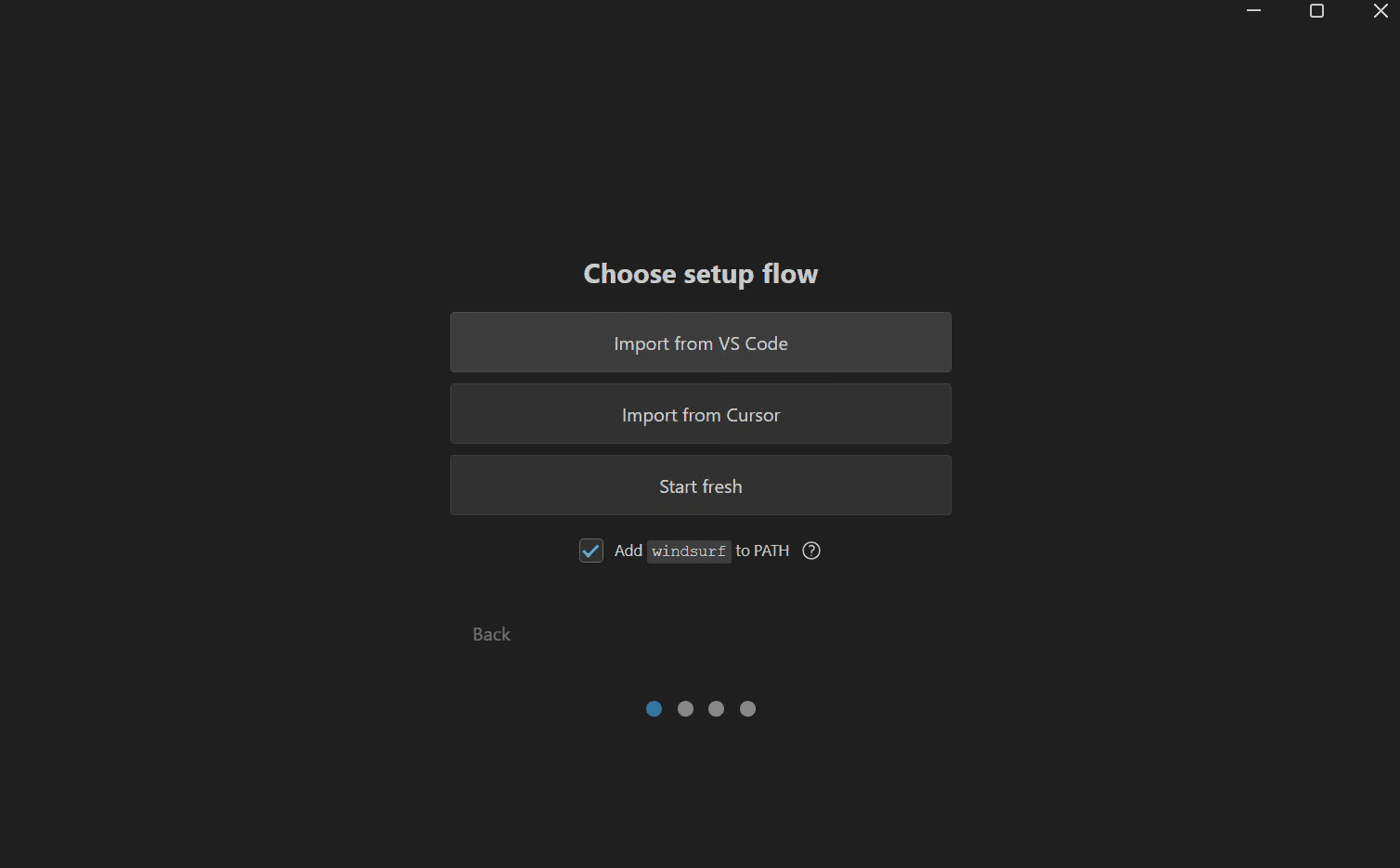 Windsurf's Choose setup flow screen offering Import from VS Code, Import from Cursor or Start fresh
