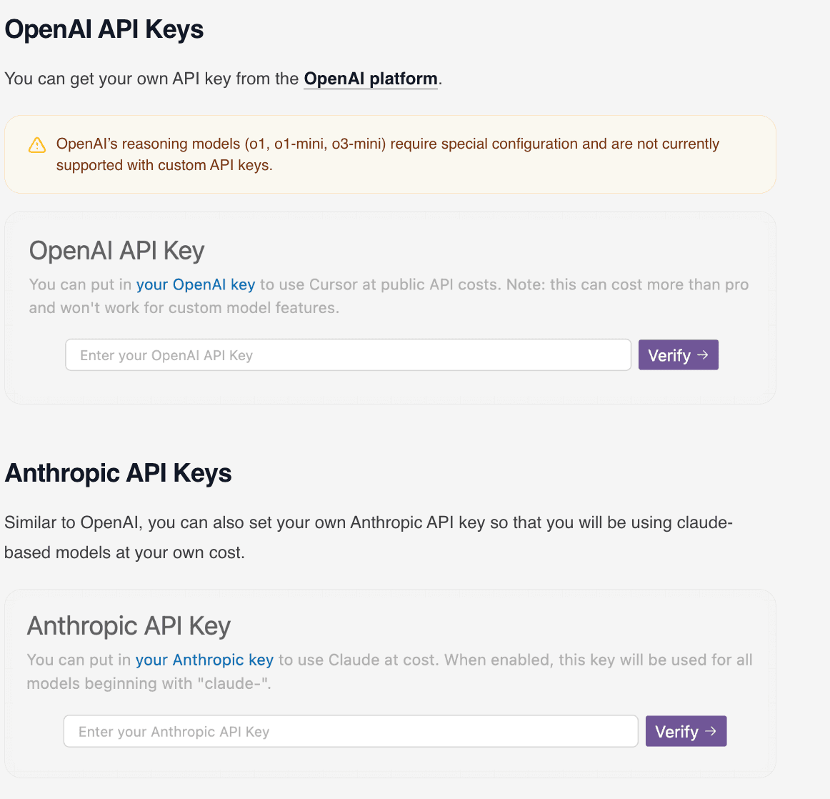 Cursor API key setup for OpenAI and Anthropic, each with an entry field and Verify button, warning that OpenAI's reasoning models are unsupported