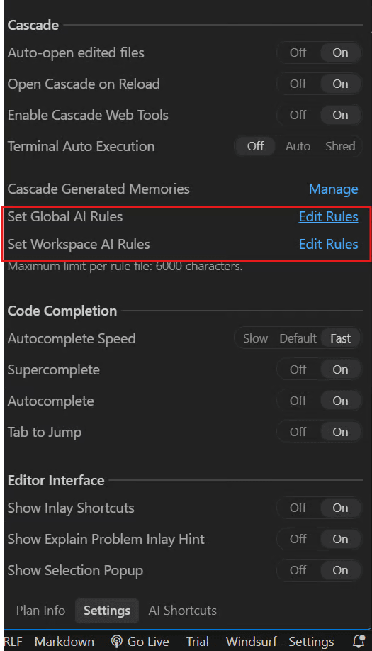 Windsurf settings with Set Global AI Rules and Set Workspace AI Rules boxed in red, above a note capping each rule file at 6000 characters