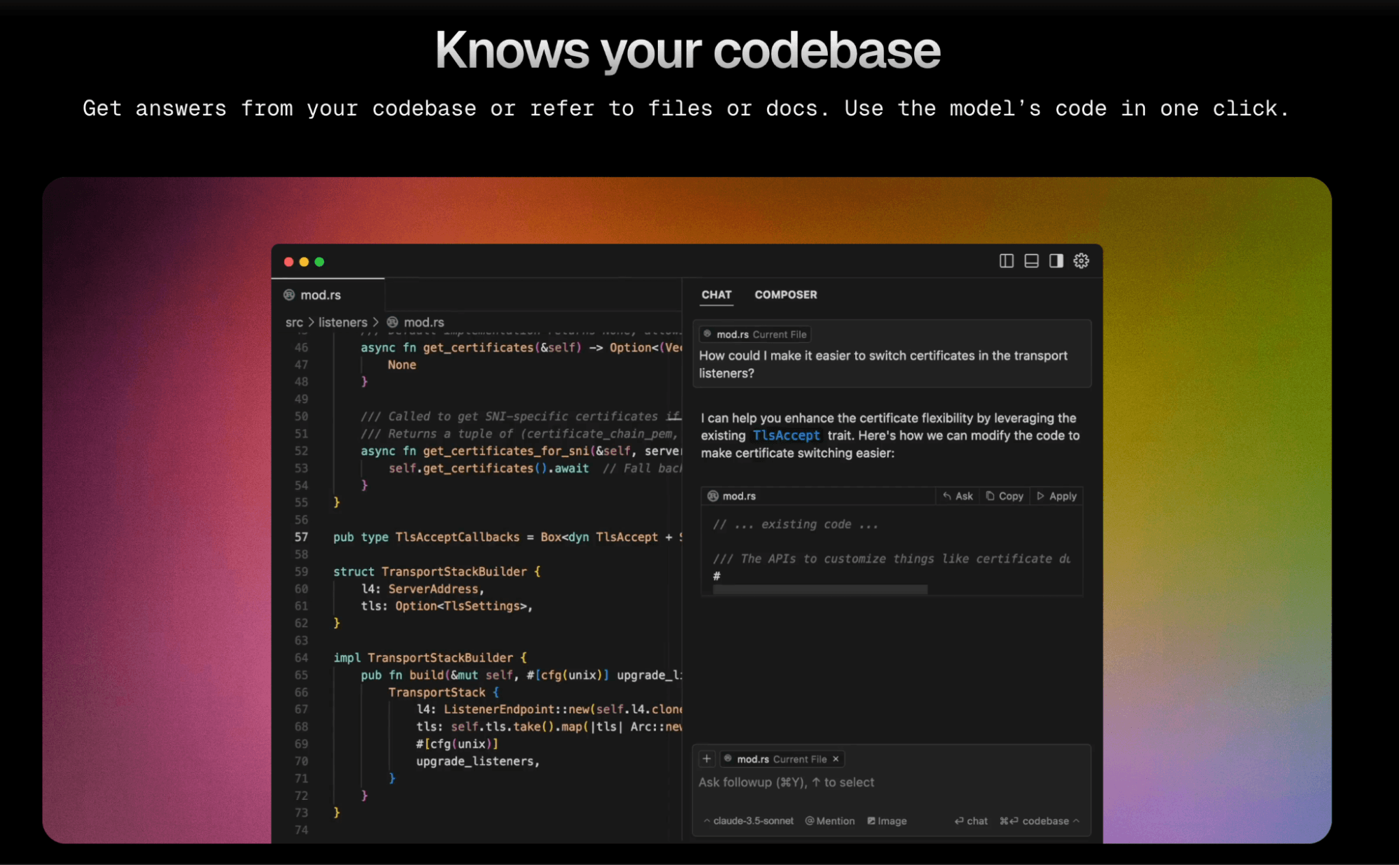Cursor's Knows your codebase page, where the chat panel answers a question about switching certificates in mod.rs by pointing to the existing TlsAccept trait