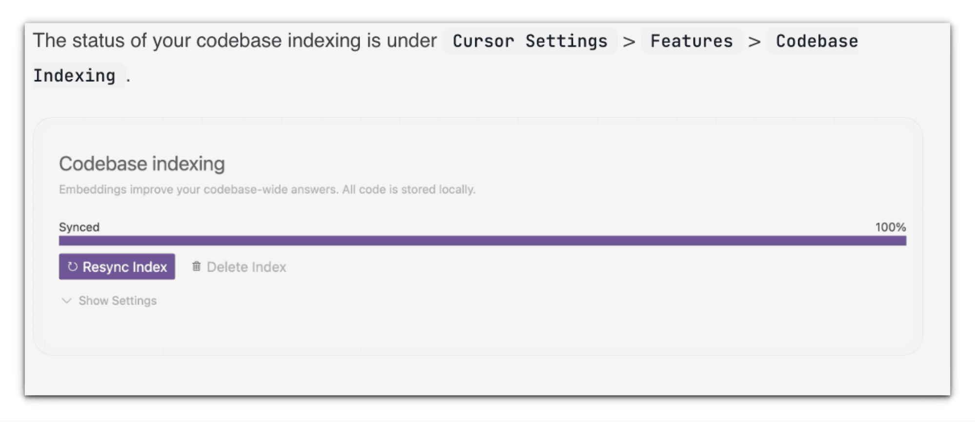 Cursor's Codebase indexing settings with embeddings synced at 100%, a note that all code is stored locally, and Resync Index and Delete Index buttons