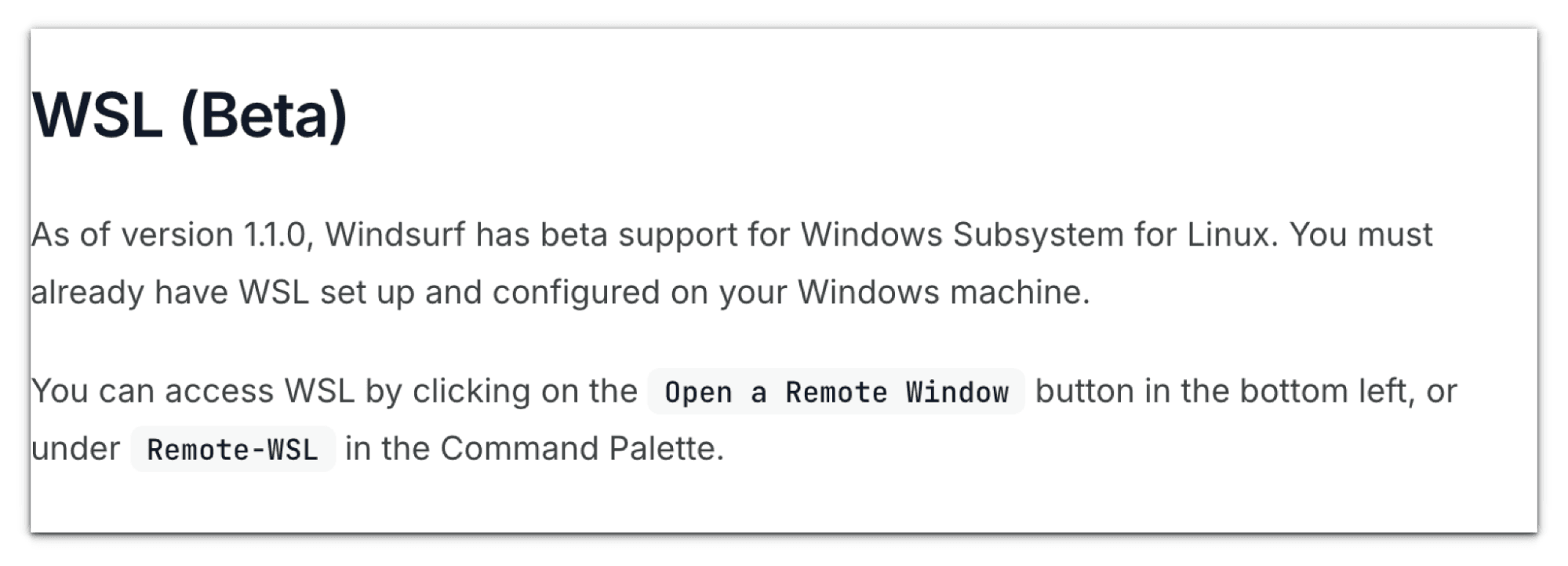 Windsurf docs entry titled WSL (Beta), stating Windows Subsystem for Linux support since version 1.1.0 via Open a Remote Window or the Remote-WSL command