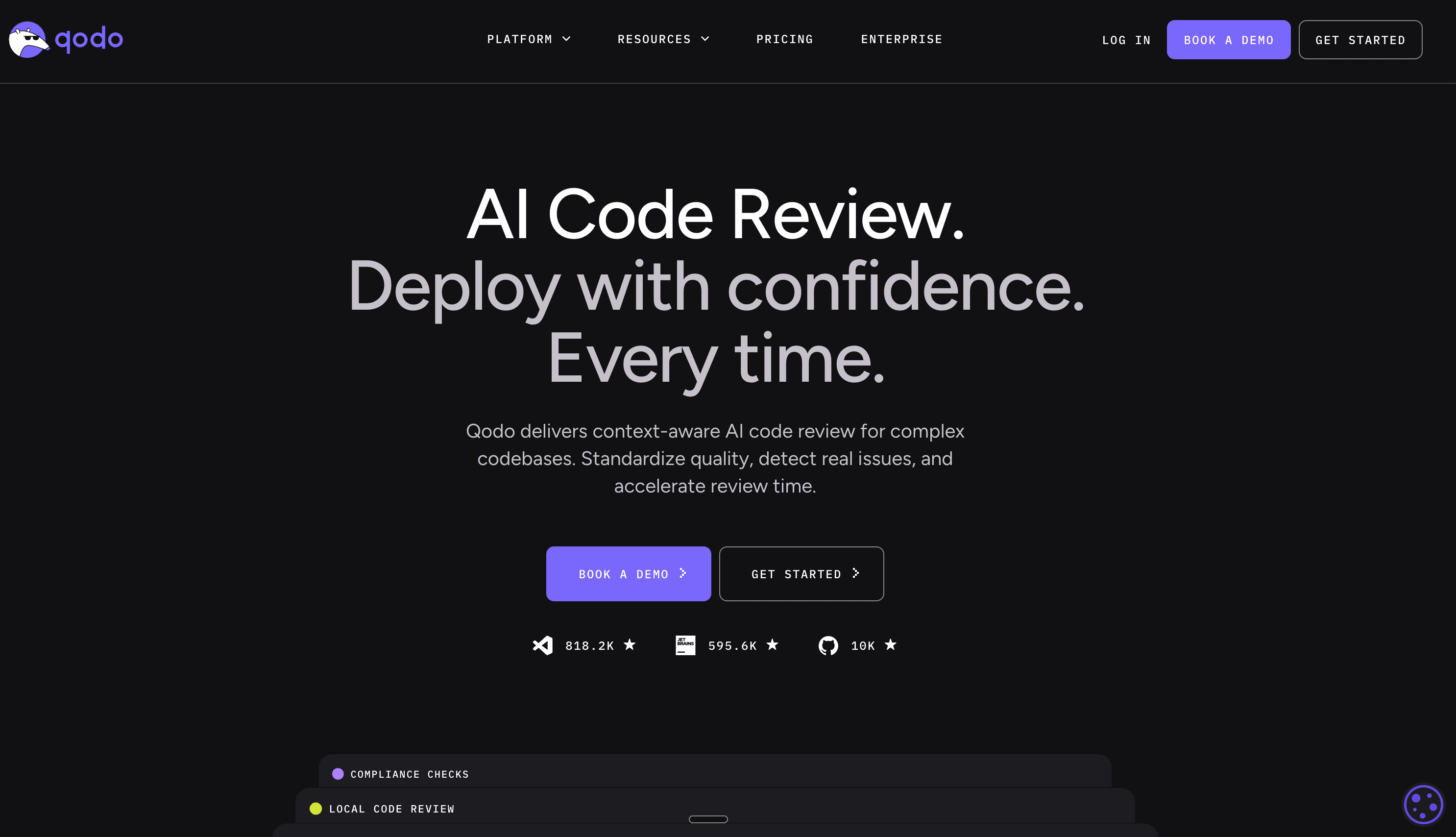 Qodo homepage hero reading AI Code Review. Deploy with confidence. Every time., with Book a Demo and Get Started buttons