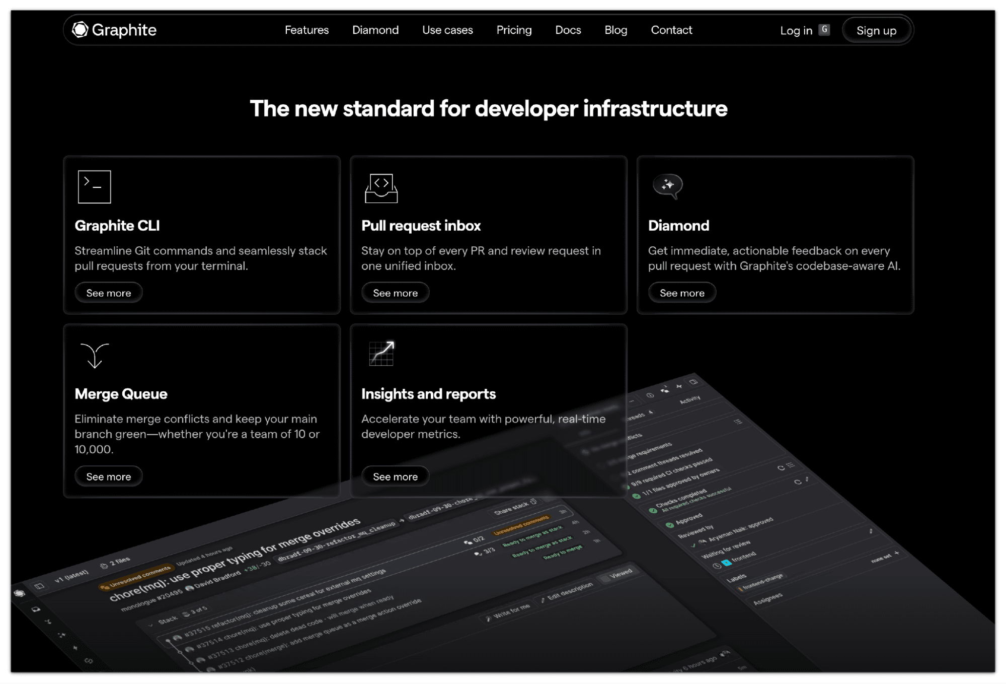 Graphite's developer infrastructure page with feature cards for Graphite CLI, Pull request inbox, Diamond's codebase-aware AI feedback, Merge Queue and Insights and reports