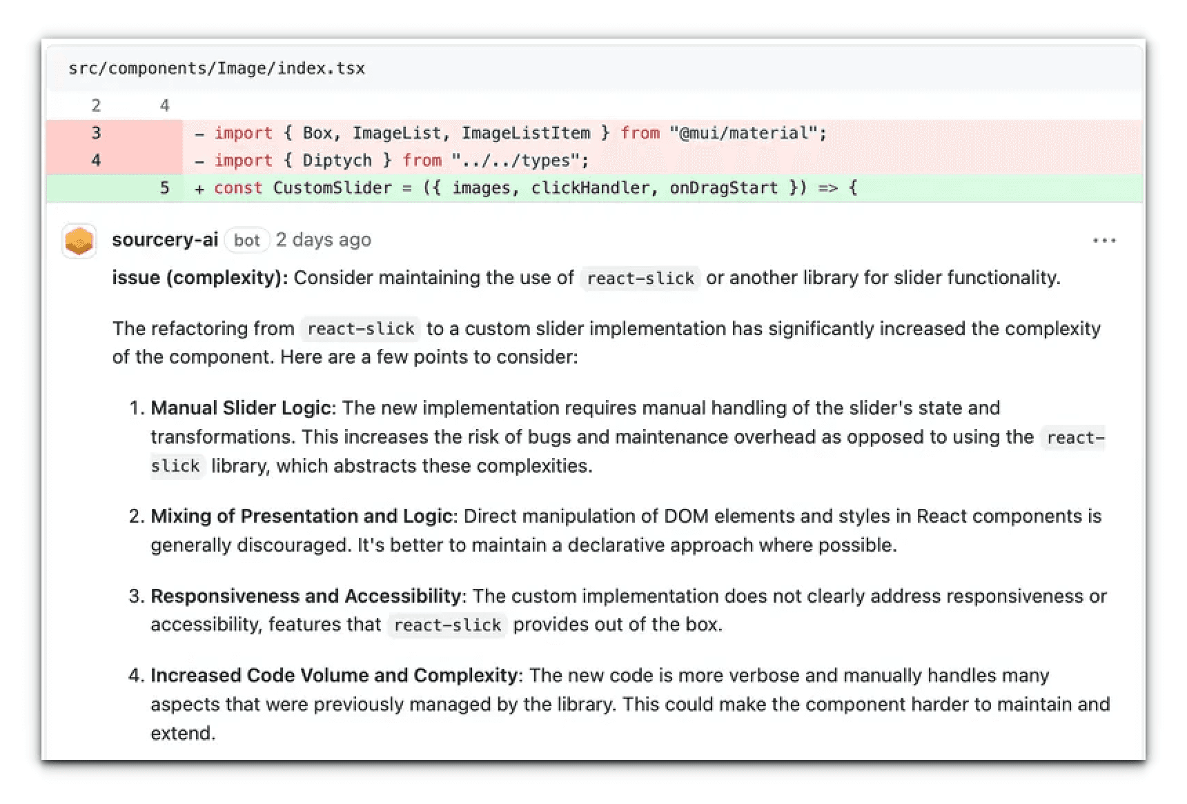 sourcery-ai bot raising a complexity issue on Image/index.tsx, arguing the custom slider that replaced react-slick adds manual state handling and hurts accessibility