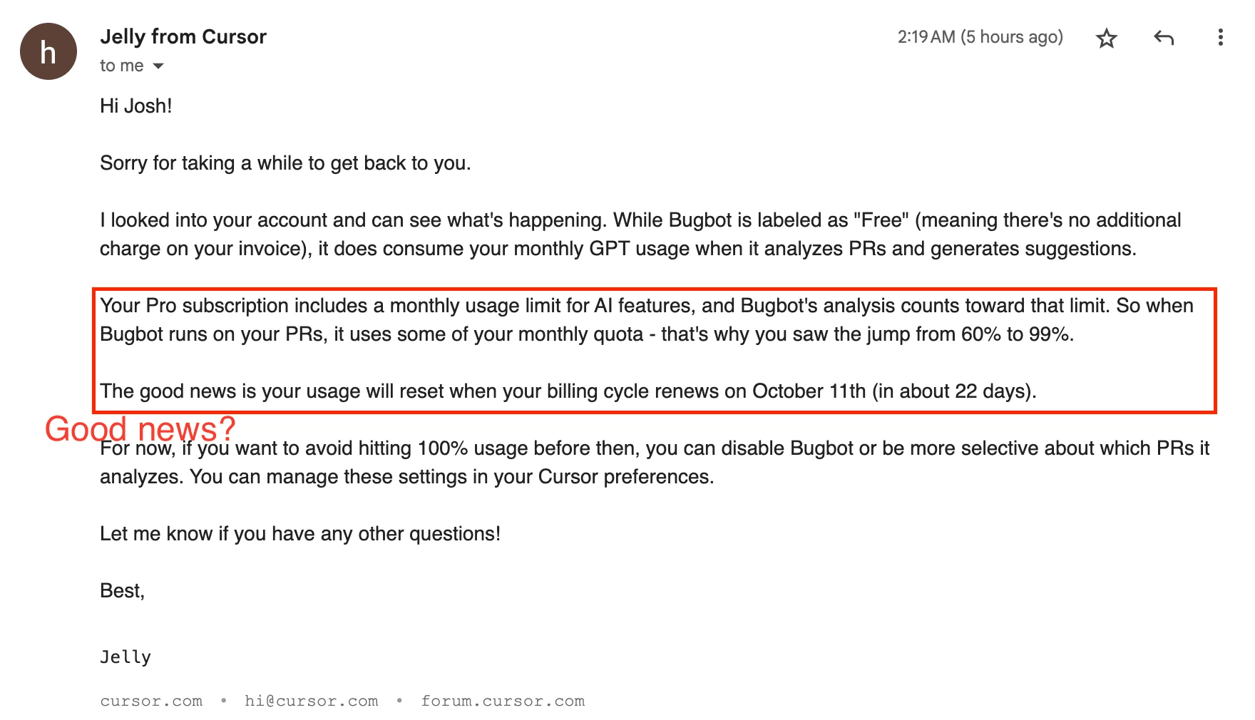 Cursor support email saying Bugbot is free but consumes the Pro plan's monthly AI quota, red-boxed around the 60% to 99% jump