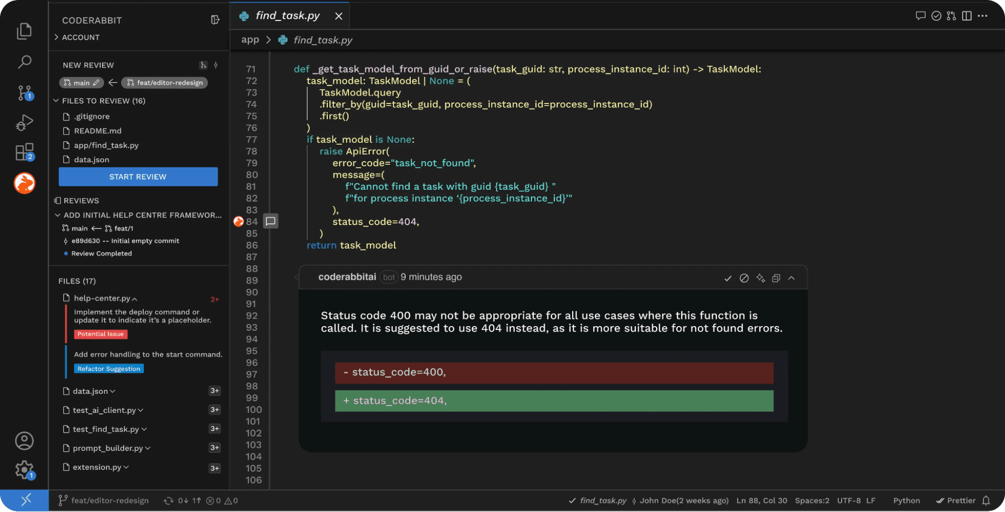 CodeRabbit's VS Code extension reviewing find_task.py, with a bot comment suggesting status_code=400 be swapped for 404 and a sidebar listing 16 files to review