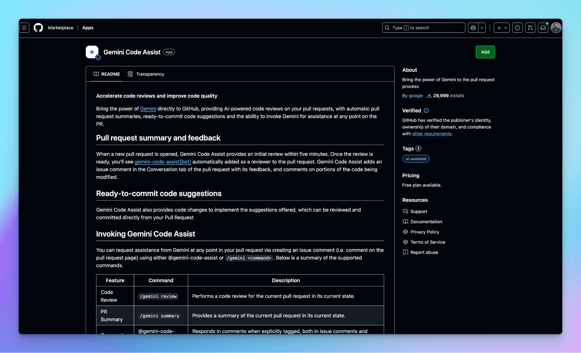 GitHub Marketplace listing for Google's Gemini Code Assist app, verified with 29,999 installs, showing a table of the /gemini review and /gemini summary commands