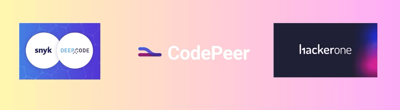Three hybrid AI-plus-human review logos: Snyk DeepCode, CodePeer and HackerOne