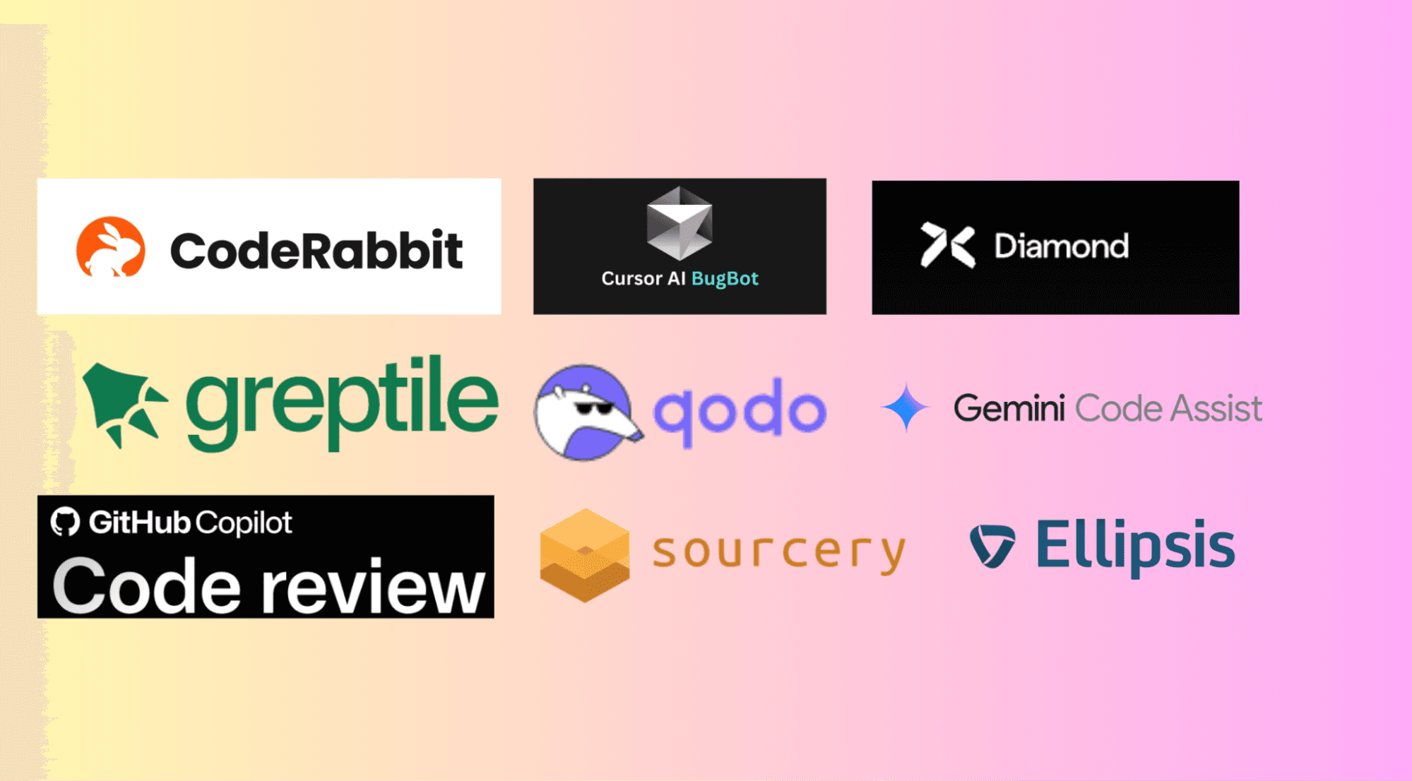 Nine PR review bot logos: CodeRabbit, Cursor AI BugBot, Diamond, Greptile, Qodo, Gemini Code Assist, Copilot Code review, Sourcery and Ellipsis