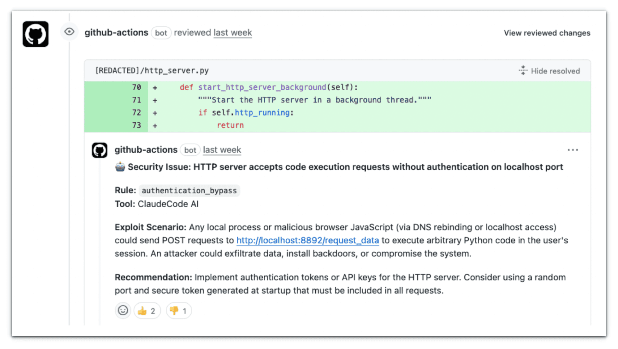 GitHub Actions bot comment on http_server.py reporting an authentication_bypass issue found by ClaudeCode AI, with exploit scenario and a fix adding auth tokens