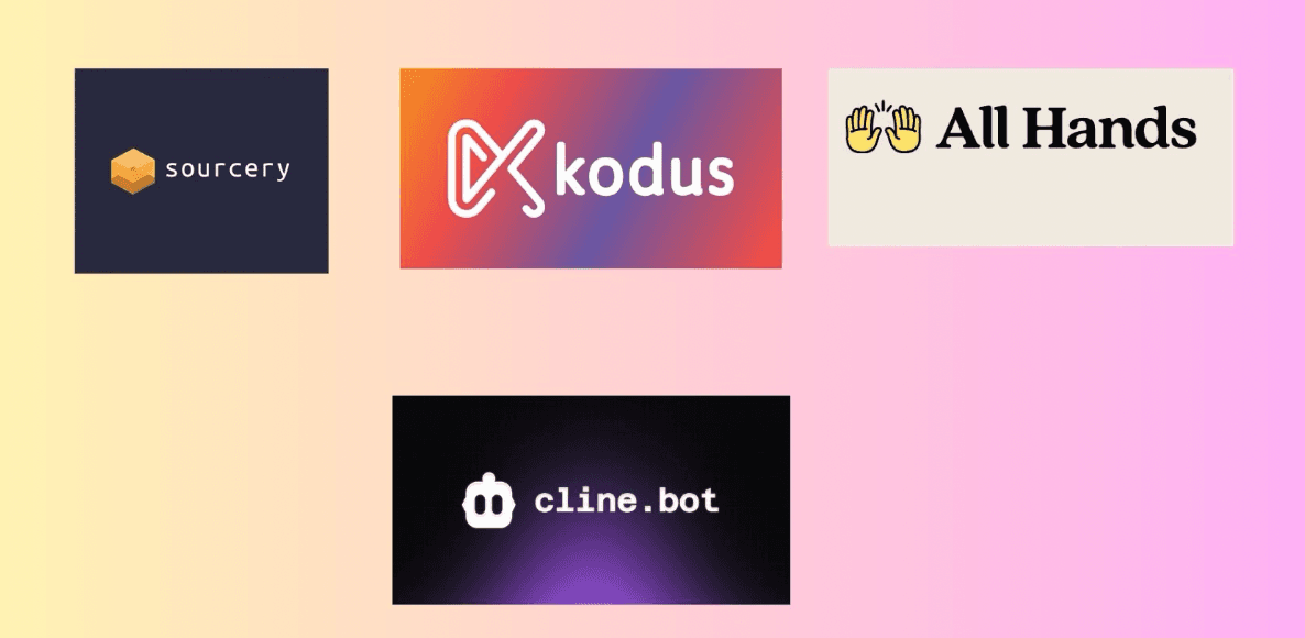 Four open-source, self-hostable review tool logos: Sourcery, Kodus, All Hands and cline.bot