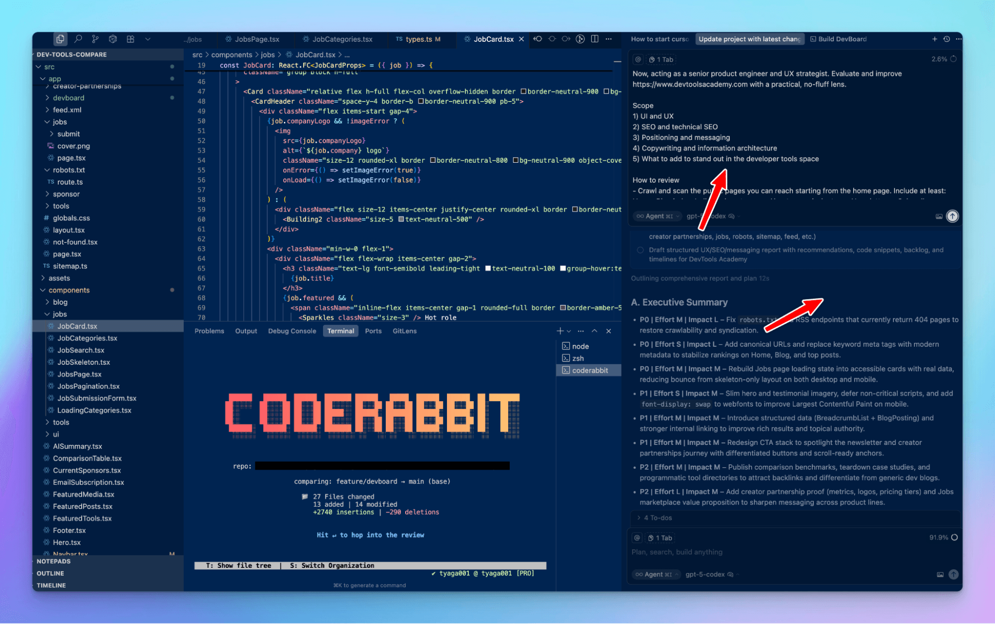 CodeRabbit CLI reviewing feature/devboard against main in a VS Code terminal, 27 files changed with +2740 and -290 lines, beside JobCard.tsx and a Codex agent panel
